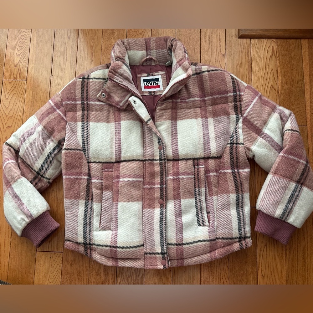 Levi's Women's Plaid Puffer Jacket - Pink and Cream